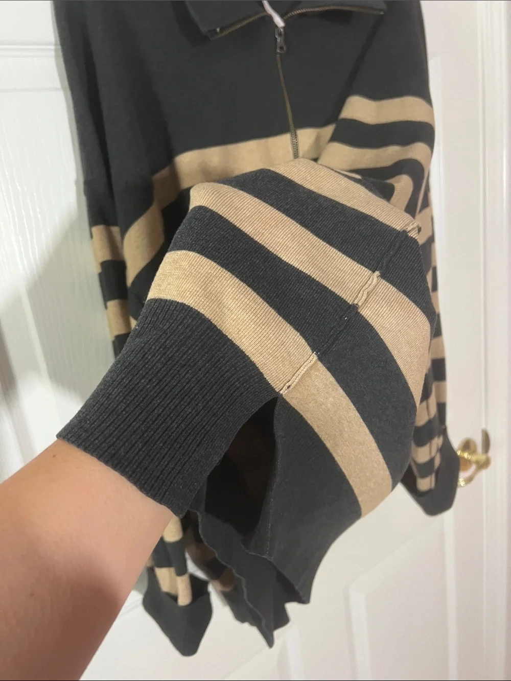Free People Coastal Stripe Half-Zip Pullover Sweater in‎ Dark Gray & Tan, Sz XL